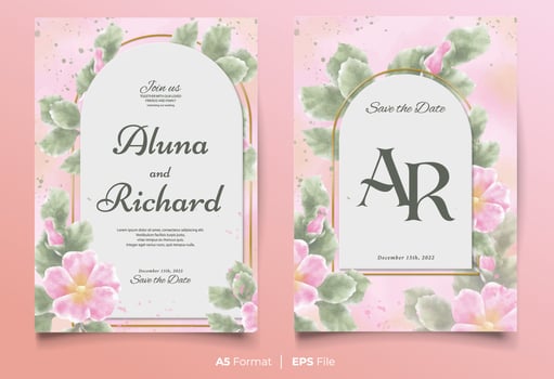 Watercolor wedding invitation template with pink and green flower ornament vector