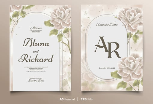 Watercolor wedding invitation template with peach and green flower ornament vector