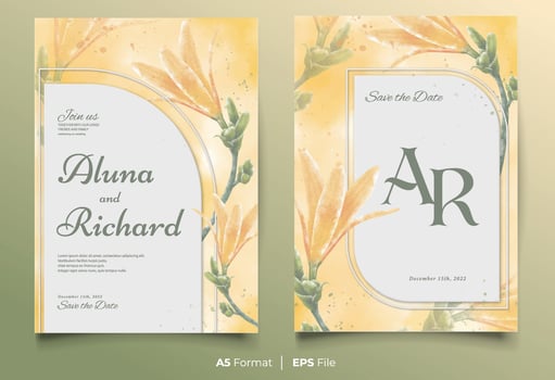 Watercolor wedding invitation template with yellow and green flower ornament vector