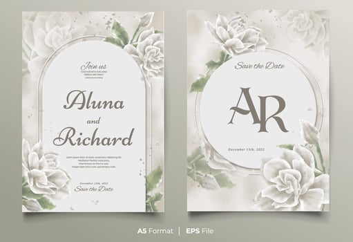 Watercolor wedding invitation template with white and green flower ornament vector