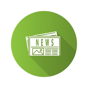 Newspaper flat design long shadow glyph icon. Periodical publication. Vector silhouette illustration