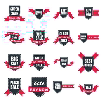 16 shield tag ribbon badge sale label concept template vector illustration isolated on white background set. Sale, black friday, best offer, hot, flash web banners elements for website and advertising