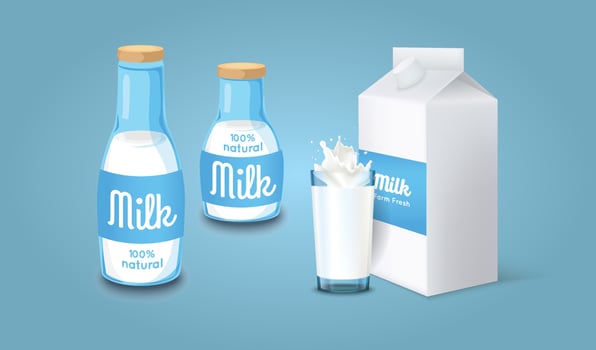 Set of milk in different packages, milk splash, glass, carton, bottle isolated on White background dairy products in flat style and 3d style, milk bottles set vector