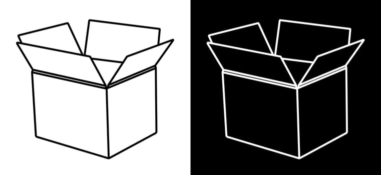 empty open cardboard box. Delivery and transportation of goods from shops. Icon for the website. Black and white vector