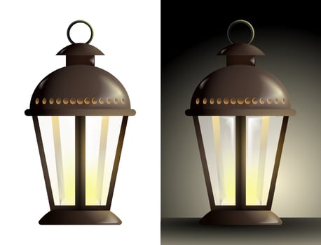 realistic street lamp with a candle inside and translucent glass walls. Lanterns and lighting for holidays. Warm and cozy light. Color vector