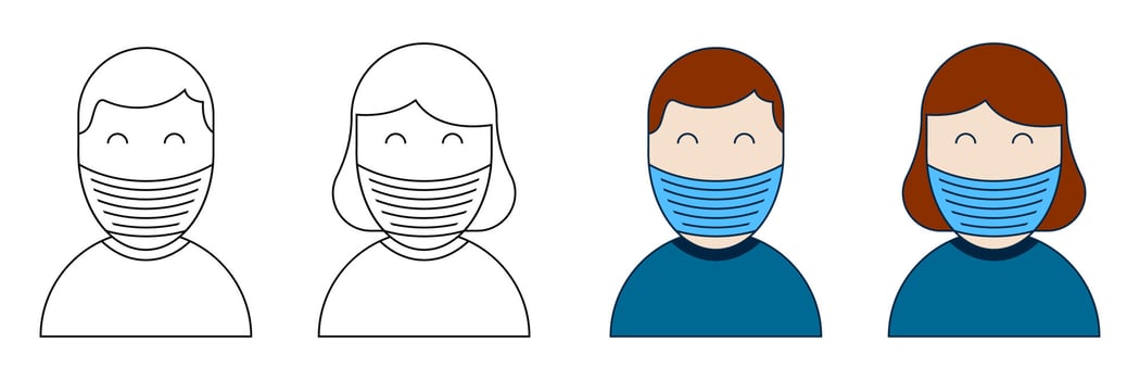 silhouette of man and woman in protective medical masks. Prevention of the spread of disease. Prevention of influenza and viral infections. Vector on a white background