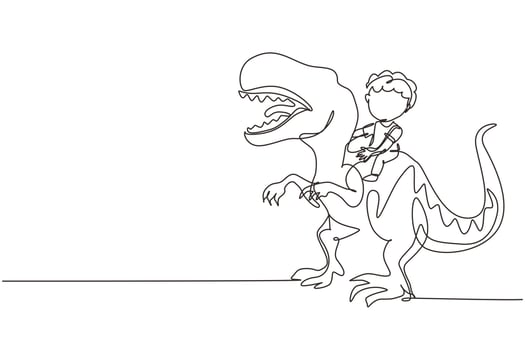 Continuous one line drawing boy caveman riding t-rex tyrannosaurus. Young kid sitting on back of dinosaur. Stone age children. Ancient human life. Single line draw design vector graphic illustration