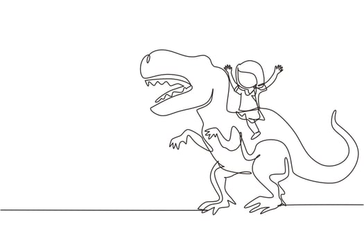 Single continuous line drawing girl caveman riding t-rex tyrannosaurus. Young kid sitting on back of dinosaur. Stone age children. Ancient human life. One line draw graphic design vector illustration