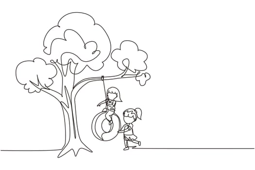 Single one line drawing happy two girls playing tire swing under tree. Cute kids swinging on tire hanging from tree. Children playing in garden. Continuous line draw design graphic vector illustration