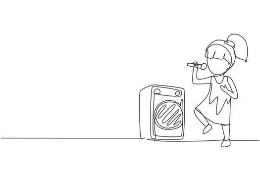 Continuous one line drawing happy cute little kid girl sing a song. Good performance and talent on stage. Beautiful melodic singing of children. Single line draw design vector graphic illustration