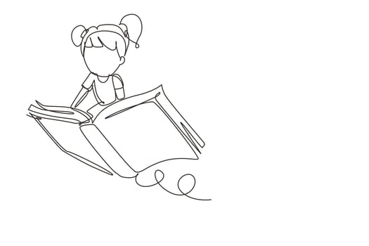 Single continuous line drawing little girl student or preschooler flying on magic book. Happy kids flying on the book. Knowledge power concept. Dynamic one line draw graphic design vector illustration