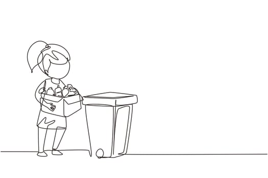Single continuous line drawing girl gathering garbage and plastic waste for recycling. Kid picking up plastic bottles into garbage. Eco education. One line draw graphic design vector illustration