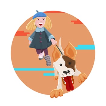 Funny blonde teen girl walking  a dog. Autumn theme. Vector cartoon illustration.