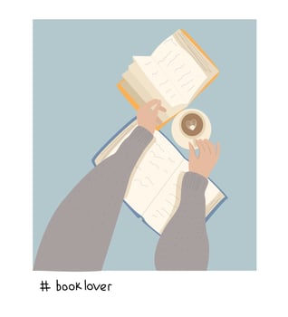 female hands in a sweater hold a book and a cup of coffee, a pose for a polaroid shot. Girl drinking coffee and reading cartoon style illustration vector