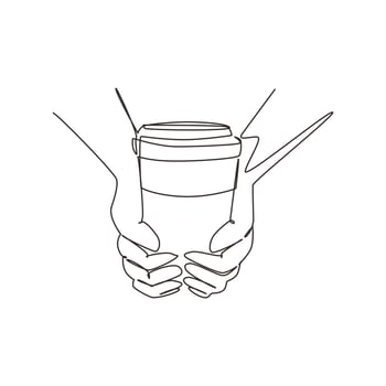 Single one line drawing take away retro illustration of vintage stylized human hands hold paper cup of hot coffee. Coffee break refreshment from work. Modern continuous line draw design graphic vector