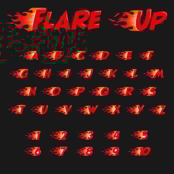 Burning alphabet and numbers. Red fame flat style isolated on the black background. Vector illustration.
