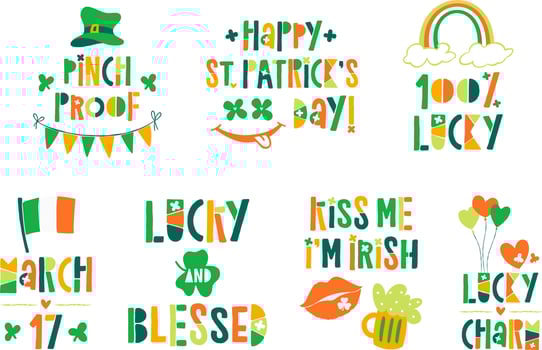 Vector St. Patrick's Day clipart with traditional Irish color and festive elements for stickers, posters, greeting cards, t-shirts, decoration.