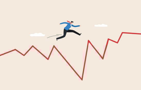 Overcome business challenges. facing the economic crisis. Businessman jumps over the gap in growth chart. vector
