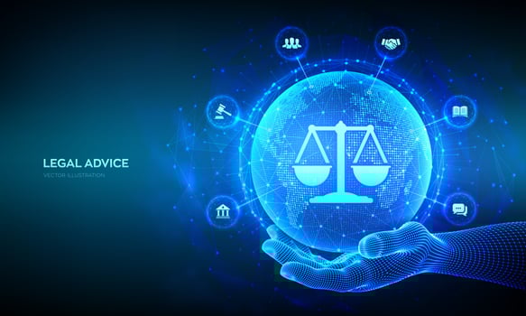 Labor law, Lawyer, Attorney at law, Legal advice concept. Internet law as digital online legal services. World map point and line composition. Earth planet globe in wireframe hand. Vector. EPS10. vector