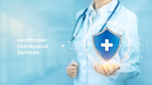 Healthcare, Medical services, life insurance concept. Doctor holding in hand protection shield with medical cross sign. Virus protection. Health care, Medicine, family insurance. Vector illustration.