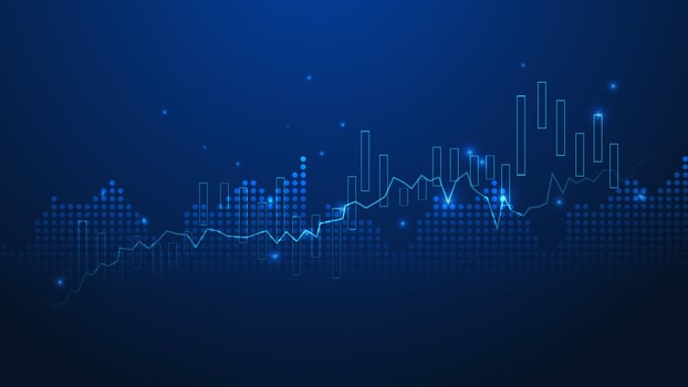 Business candle stick graph chart of stock market investment trading on blue background. Bullish point, up trend of graph. Economy vector design