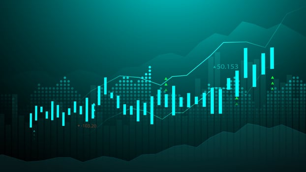 Business candle stick graph chart of stock market investment trading on blue background. Bullish point, up trend of graph. Economy vector design