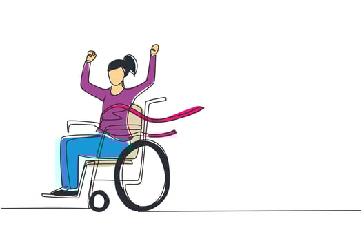 Single one line drawing female young wheelchair user crossing red finish line. Happy winner, successful champion. Society, disabled people community. Continuous line draw design vector illustration