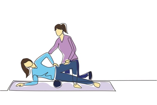 Single continuous line drawing professional female osteopath bonesetter making massage to woman. Spine adjustment. Rehabilitation, manual therapy. Chiropractor working. One line draw design vector