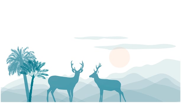 Panorama of the Taiwanese rainforest. Misty mountains. Vector stock illustration. Deer, coats, mountain peaks. Horizontal wallpaper in soft pastel colors.