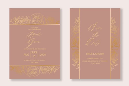 Botanical wedding invitation template set with sketch drawn gold roses flower for party, greeting card. vector