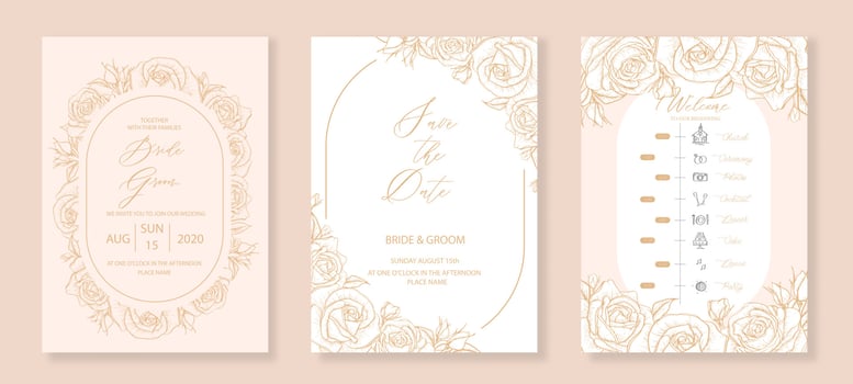 Botanical wedding invitation, save the date card and timeline template with sketch drawn roses flower and arch for party, greeting card. vector