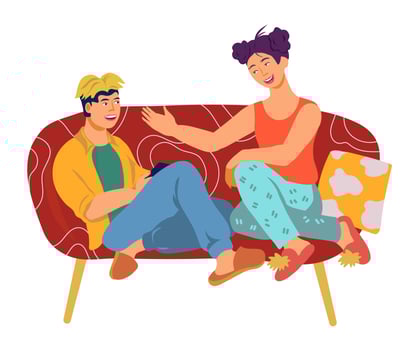 Man and woman cartoon characters, couple or roommates sitting on coach and talking, having conversation. Rest at home, communication and recreation. Flat vector illustration isolated on background.