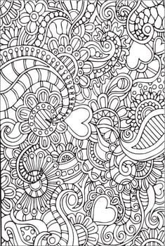 Zentangle Flowers Hearts Coloring Book Page Background Design vector