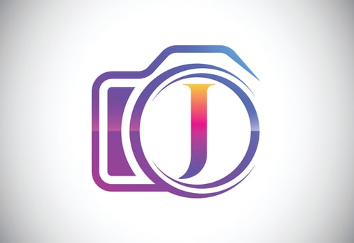 Initial J monogram letter with a camera icon. Logo for photography business, and company identity vector