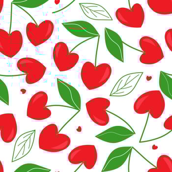 Seamless pattern with cherry leaves in the shape of a heart. Vector graphics. Fruit print for Valentine's day.