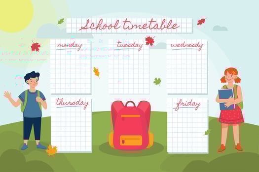 Back to the school schedule template vector. Cute boy and girl on the school lawn. Bright background for the school schedule. vector