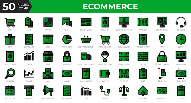 Set of 50 Ecommerce web icons in filled outline style. Credit card, profit, invoice. Filled outline icons collection. Vector illustration
