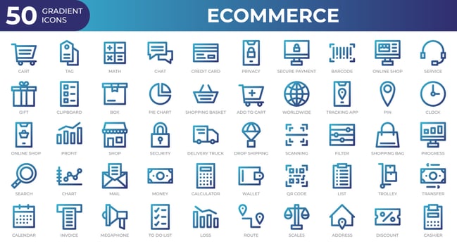 Set of 50 Ecommerce web icons in gradient style. Credit card, profit, invoice. Gradient icons collection. Vector illustration