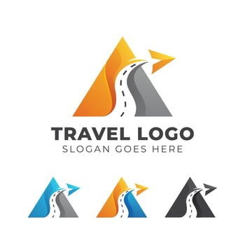 modern logo design of abstract letter A with road and plane symbol, triangle agency travel icon logo illustration vector