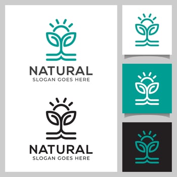 natural logo design of growth and eco leaf sun, green garden logo symbol, growing tree, farming icon symbol design vector