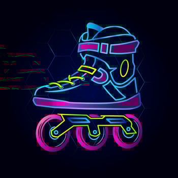 Rolling skate neon art logo. Inline skater colorful design with dark background. Sport shoes vector illustration. Isolated black background for t-shirt, poster, clothing, merch, apparel.