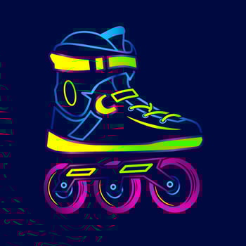 Rolling skate neon art logo. Inline skater colorful design with dark background. Sport shoes vector illustration. Isolated black background for t-shirt, poster, clothing, merch, apparel.