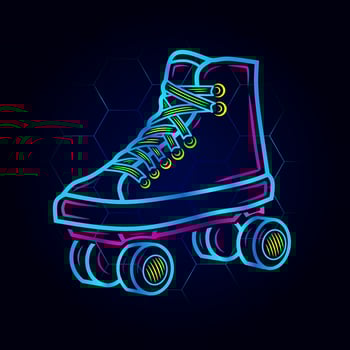 Rolling skate neon art logo. Inline skater colorful design with dark background. Sport shoes vector illustration. Isolated black background for t-shirt, poster, clothing, merch, apparel.