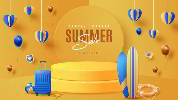 Summer display podium decoration background with beach ornament. Vector 3D Illustration