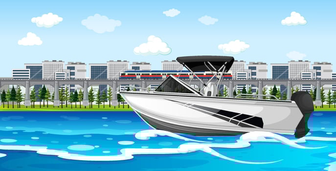 River city scene with a speedboat vector