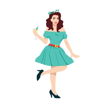 woman wearing green polka-dot retro dress vector illustration