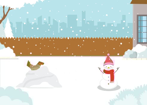 Winter scenery semi flat vector illustration set. House backyard with gnome smile at the front