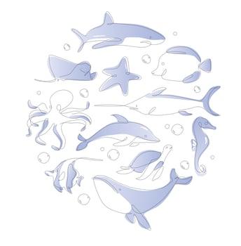 One line sea life set. Underwater outline animals. Line art ocean and sea life collection. vector