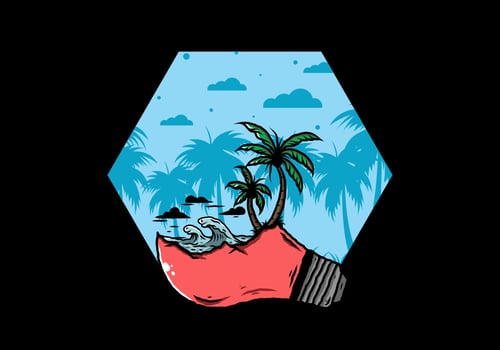 Beach landscape on bulb lamp illustration vector