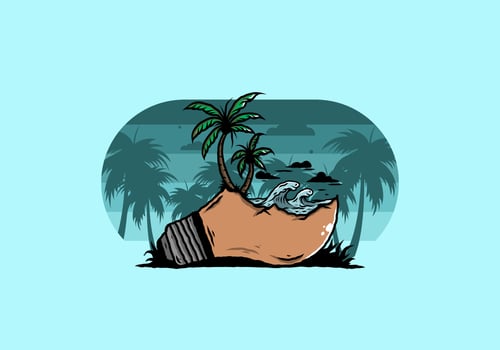 Beach landscape on bulb lamp illustration vector